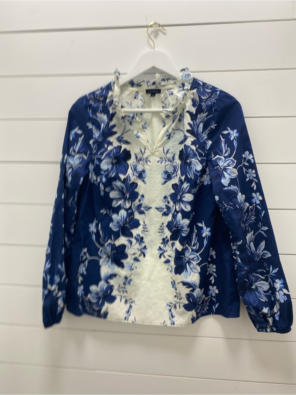 Talbots Navy and White Floral Tie-Neck Blouse